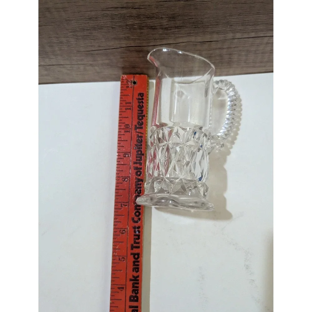 Vintage‎ Clear Glass Small Pitcher Diamond Cut Pattern Beaded Handle 6 Inch
